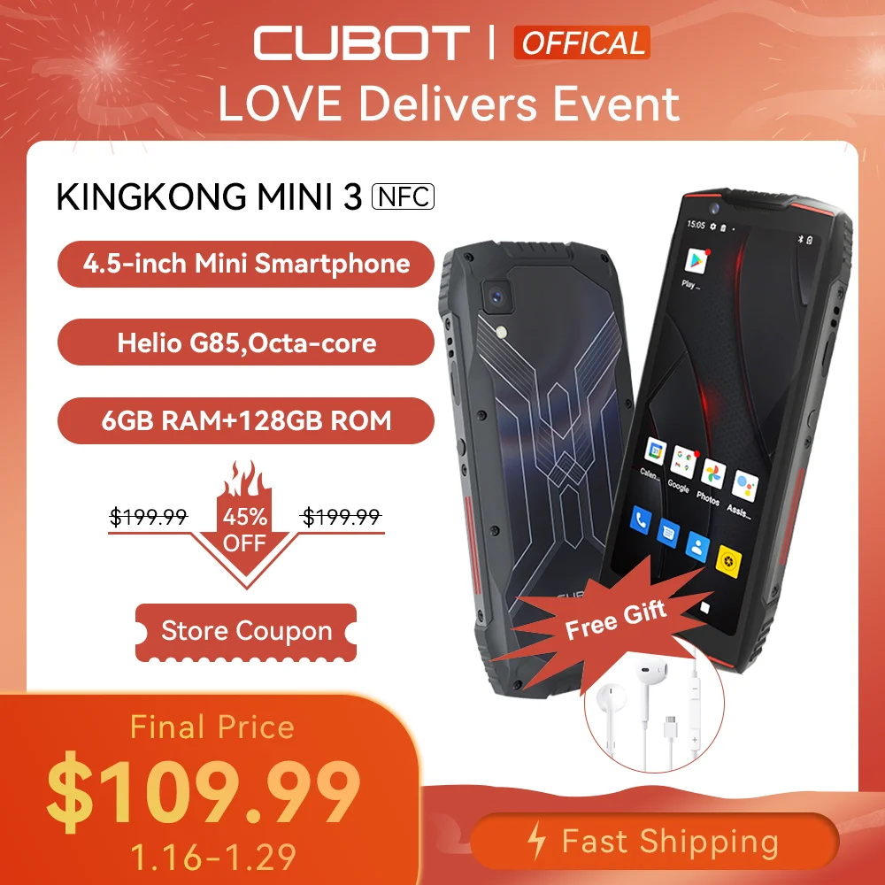 Cubot KingKong MINI 3, 4.5'' Mini Smartphone, Helio G85 Octa-Core, 6GB+128GB, Dual SIM,NFC, Waterproof Rugged Phone, 4G Celulares