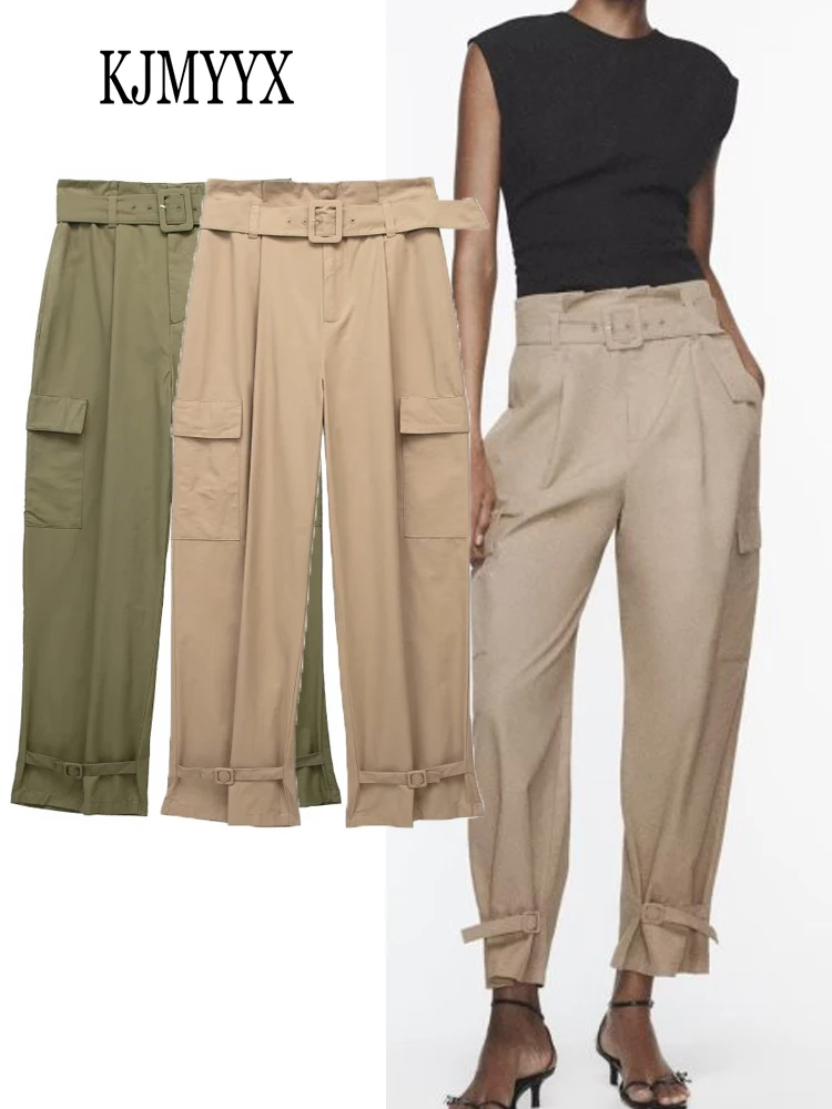 

KJMYYX 2023 Summer Women Fashion With Belt New Female Solid Pockets High Street Zipper Chic Pants ArmyGreen Khaki