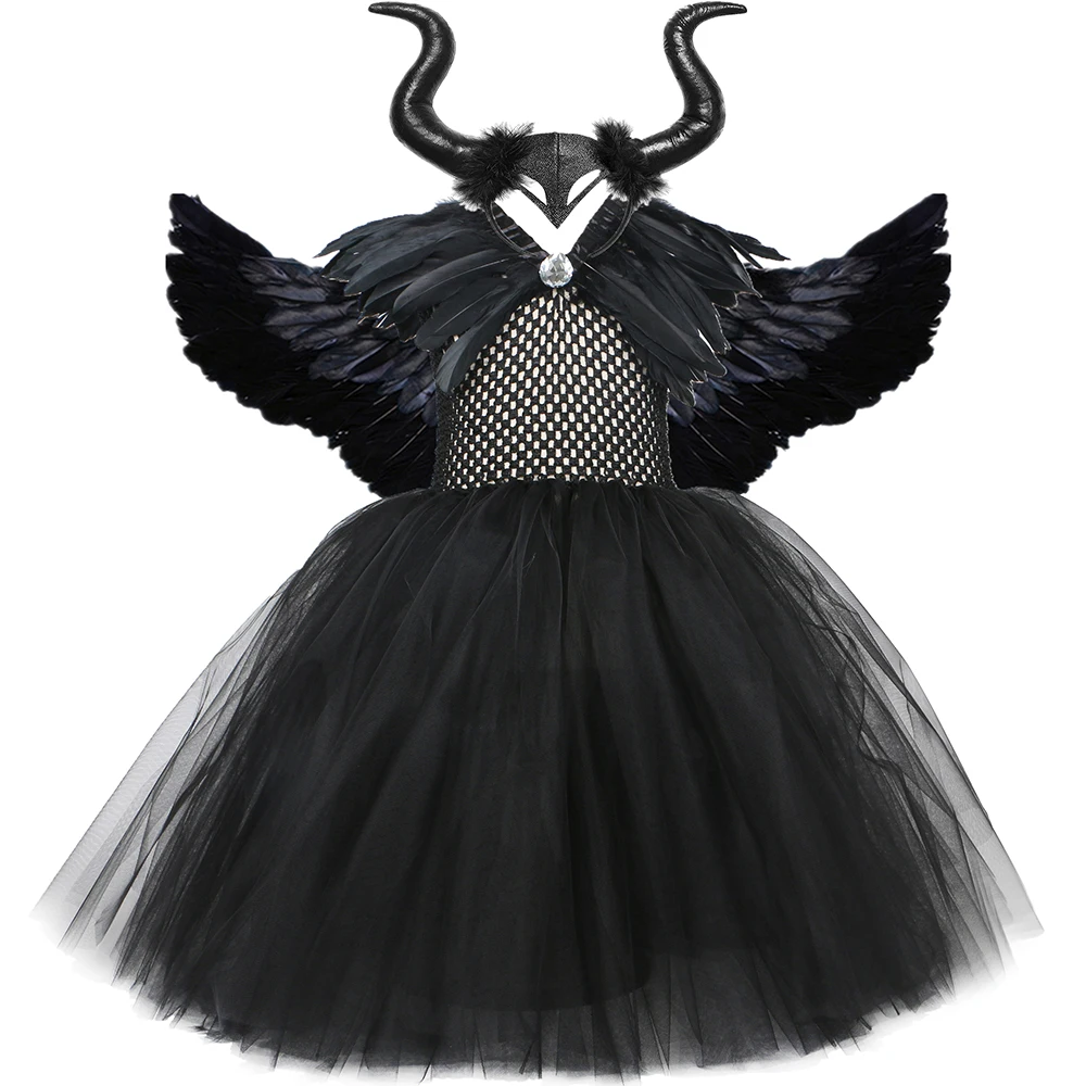 

Horns Wings Witch Black Costume Kids Girls Tutu Dress Ankel Length Dresses Devil Costume Child Cosplay Outfits 1-12y Carnival