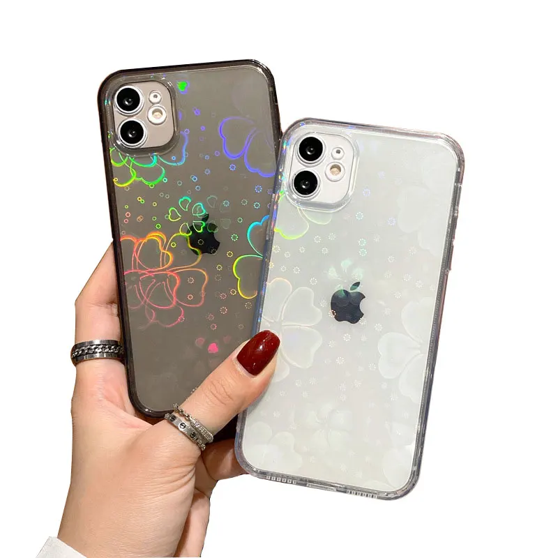 

For IPhone Case Clear Cover with Hearts Case for Iphone 11 12 13 X Xs XR Fashion Miss Gradient Laser Love Heart Leaf Pattern