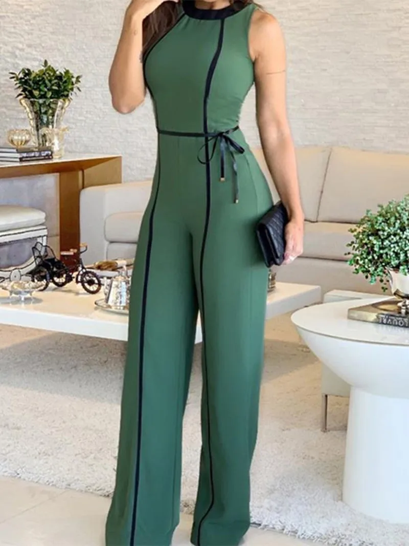 

2023 Solid National Style Splice Sleeveless Retro Sexy Slim Waistband Jumpsuit