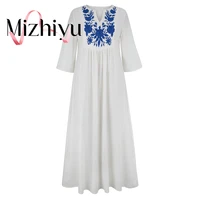 new products ladies elegant classical floral print loose large size all match arab dress long blue white women dress folk custom
