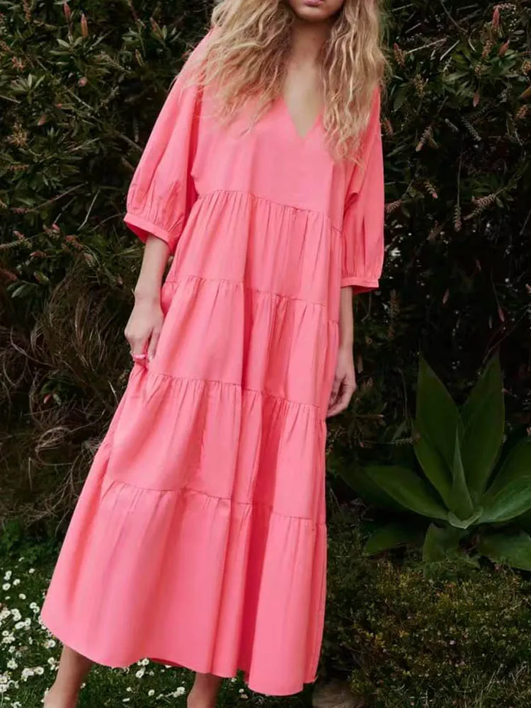

Kumsvag 2022 Summer Women Vintage MIDI Dress Solid Spliced Poplin 3/4 Sleeve V-Neck Female Elegant Loose Fashion Dresses Vestido