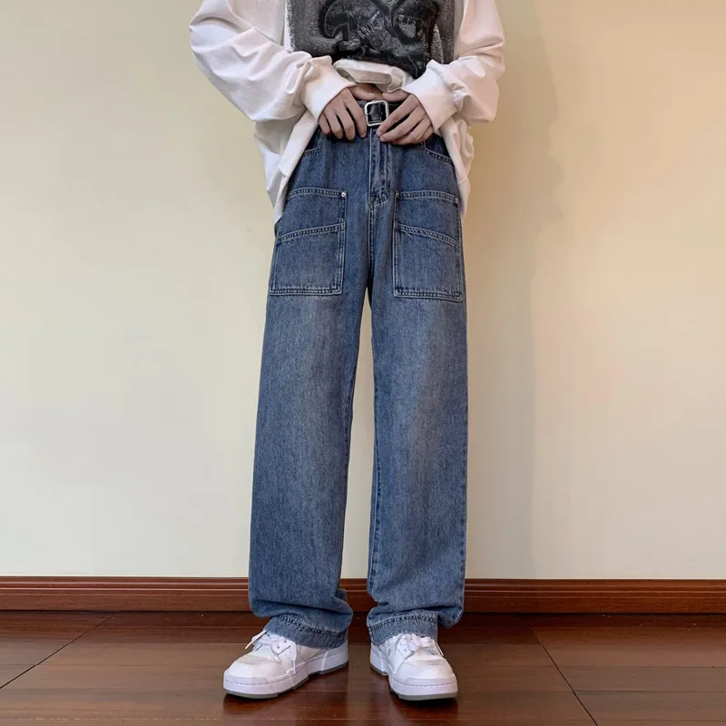 Blue Green Baggy Jeans Men Fashion Retro Casual Cargo Jeans Mens Japanese Streetwear Hip Hop Loose Straight Denim Trousers Men