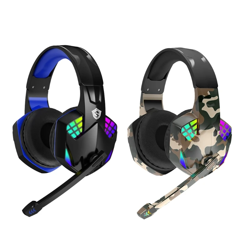

Wired Game Headsets Earphone for Phone PC Tablets Audiobook Over Ear RGB Lights E1YA