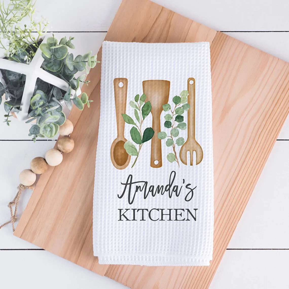 

Custom Waffle Weave Dish Towel | Eucalyptus Utensils Kitchen Towel | Personalized Kitchen Towel | Housewarming Gift | Wedding