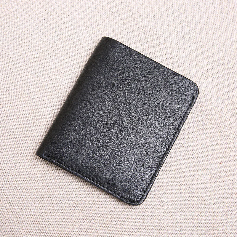 Simple genuine leather men's small short ultra-thin black small wallet high quality soft real cowhide mini ID card holder purse