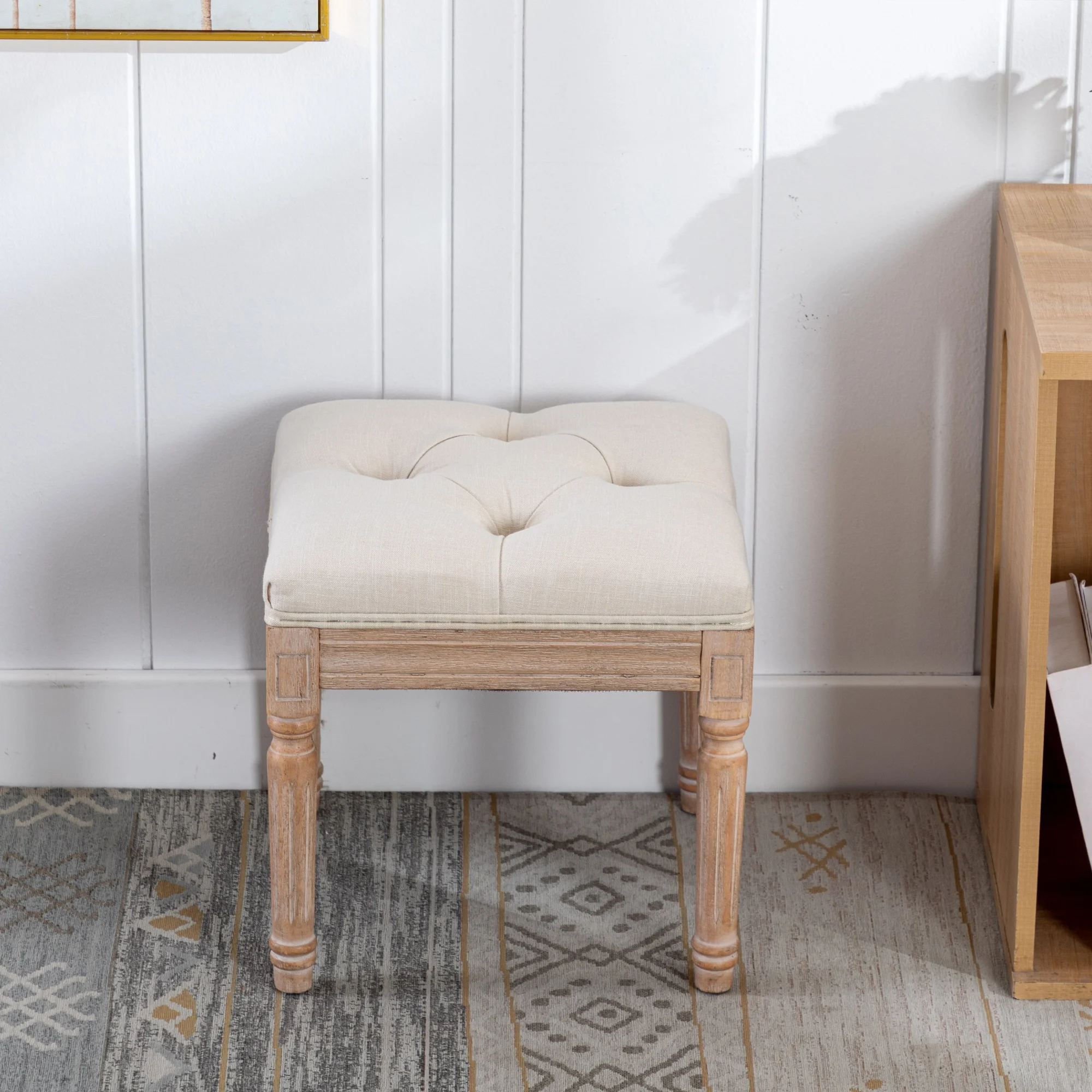 

Padded Square Ottoman Benchand Rubber Wood Legs, Fabric Small Vanity Stool for Bedroom Living Room