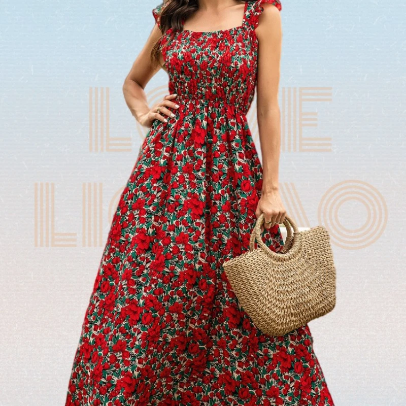 

Fashion Floral Print Dress Summer High Waist Square Neck Sleeveless Boho Shirred Flared Hem Maxi Dress Women Dresses Robe Femme