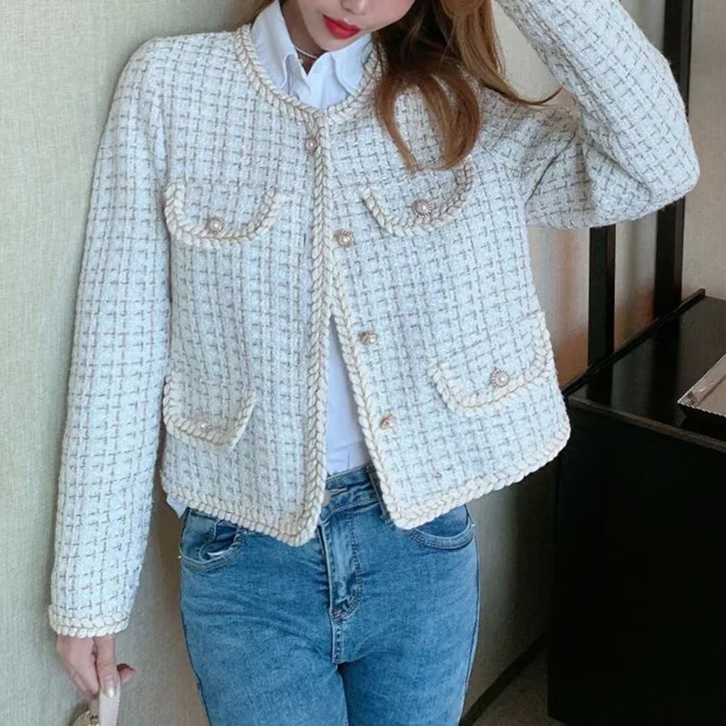 

2023 Women Korea Chic Cropped Tweed Jacket New Spring Elegant Ladies Long Sleeve Vintage Coats Female Round-Neck Outerwear