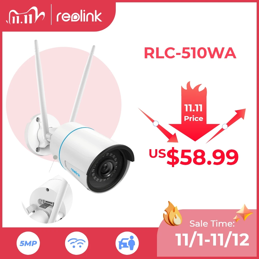 Скидка Камера с обнаружением человека и автомобиля Reolink, 5 МП, 2,4/5 ГГц, Onvif, разъем для SD-карты, 256 ГБ, водонепроницаемая, Wi-Fi, RLC-510WA