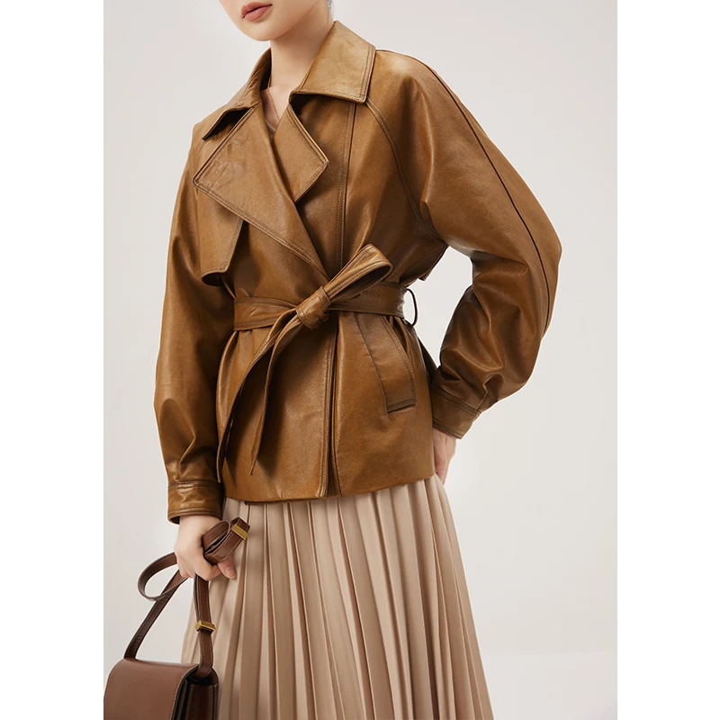 Genuine Leather Jacket for Women Sheepskin Covered Button Adjustable Waist Spring/Autumn High Street  Turn-down Collar