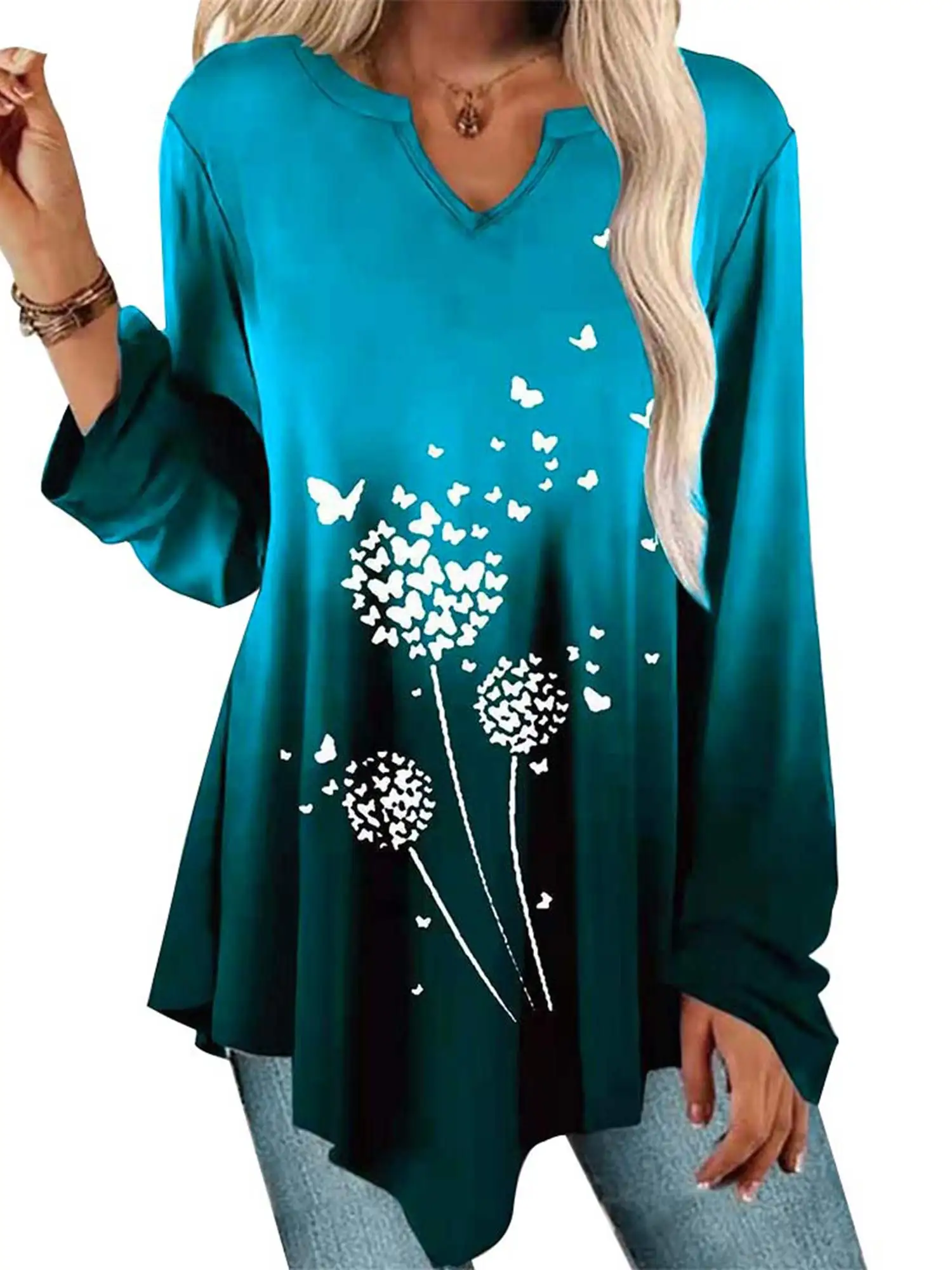 

Gradient Plant Flowers Print Pullover Long Sleeve Spring Tops Autumn Casual Tee Classic V-Neck Tunic Women T-Shirt Streetwear
