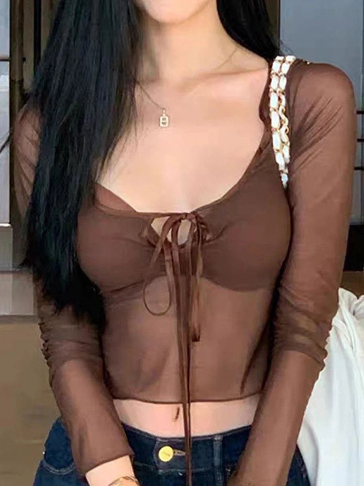 

Летняя женская футболка, привлекательные прозрачные коричневые топы, облегающие футболки с квадратным воротником и длинным рукавом, модные сетчатые прозрачные женские укороченные топы с завязкой