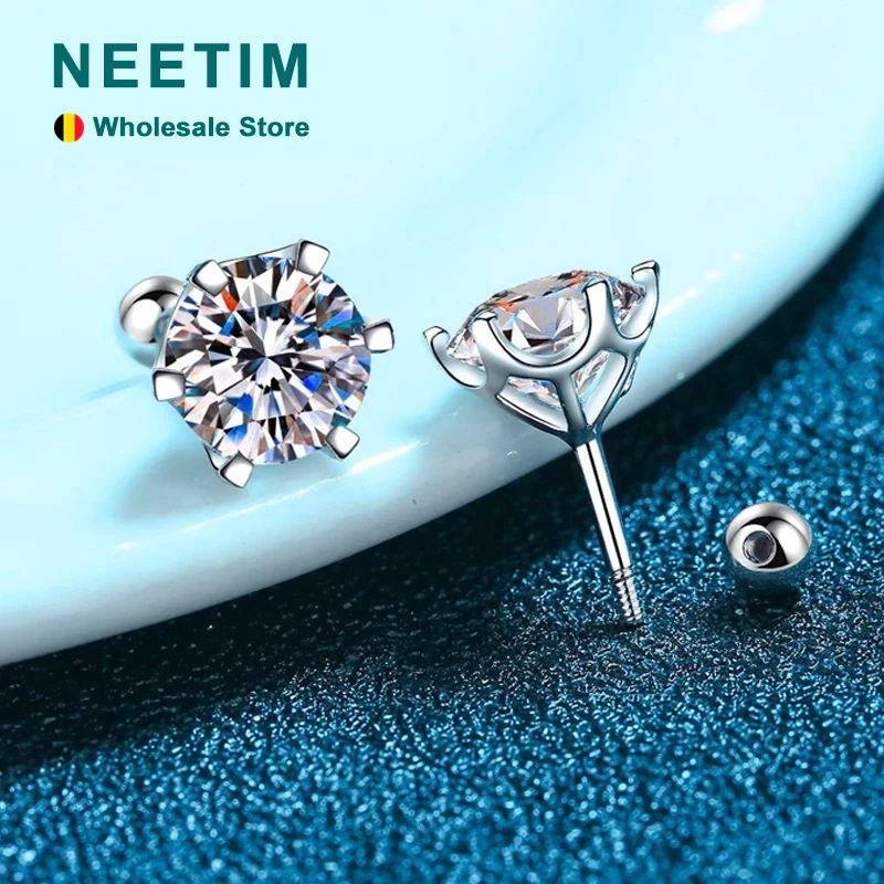 

NeeTim 8mm 2.0 Carat 100% Moissanite Stud Earrings for Women Screw Thread Ear Studs 925 Silver Fine Jewelry Pass Diamond Test