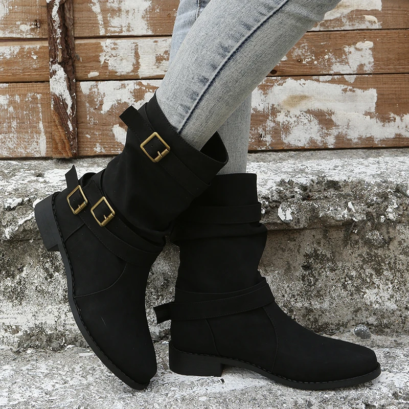 Women's Boots 2023 New Fashion Buckle Square Heel Middle Heel Calf Boots Autumn and Winter Outdoor Casual Botas De Mujer Women