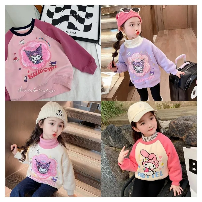 

Anime Sanrios Kuromi My Melody Cinnamoroll Children Autumn Winter Top Clothing Cartoon Cute Girl Plush Thermal Sweater Kids Gift