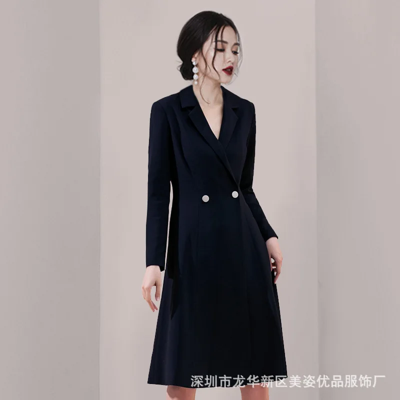 

2023 Autumn Women's Navy Medium Long Suit Collar Coat New Temperament OL Commuter Professional Waist Closing Dress