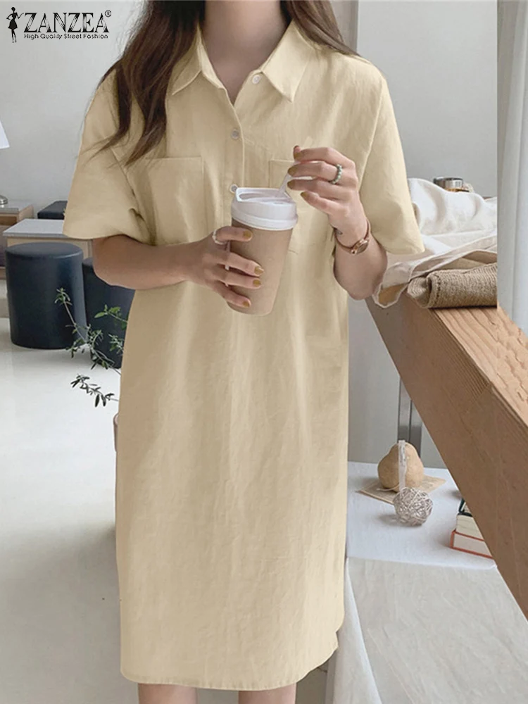

Women Summer Shirt Dress 2022 Fashion Short Sleeve Robe Femme ZANZEA Oversized H Line Vestidos Casual Solid Cotton Knee Dresses