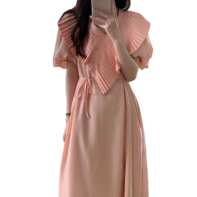 

New Summer Vintage Women Dresses Elegant Ruffles V-neck Robe Femme Simple Lace Up Puff Sleeve Vestidos De Mujer Casual Jurk
