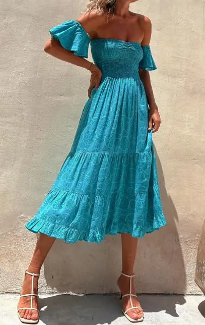 

Spot 2023 Women's New Hot Selling Casual Spring/summer Print Elastic One Line Neck Large Swing Dress