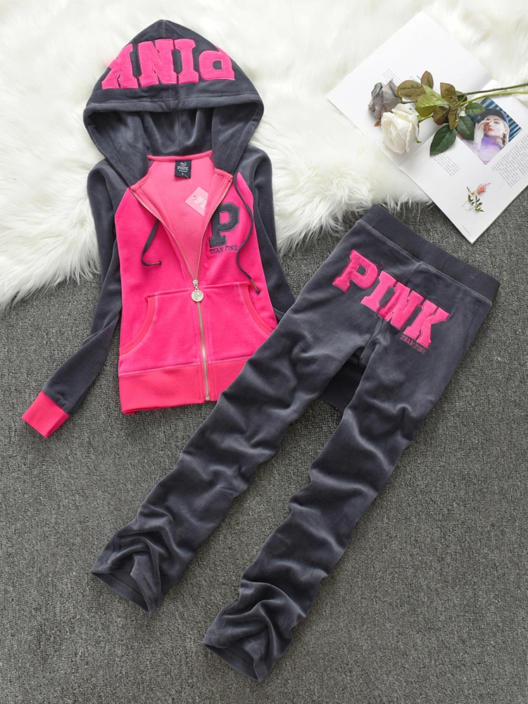 Женский Бархатный спортивный костюм YICIYA розовый комплект из 2 предметов с