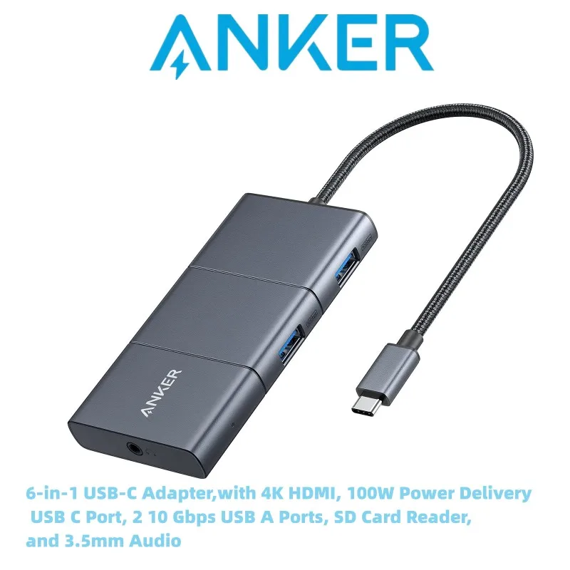 

Anker USB C Hub PowerExpand 6-in-1 USB-C Adapter with 4K HDMI 100W Power Delivery USB C Port,2 10 Gbps USB A SD Card and 3.5mm