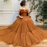sevintage elegant orange tiered ruffles tulle prom dresses strapless pleat long a line evening gowns formal party dress 2022