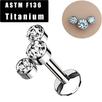 astm f136 titanium labret studs lip rings 3 cz internal thread ear tragus cartilage helix earrings lip studs piercing jewelry