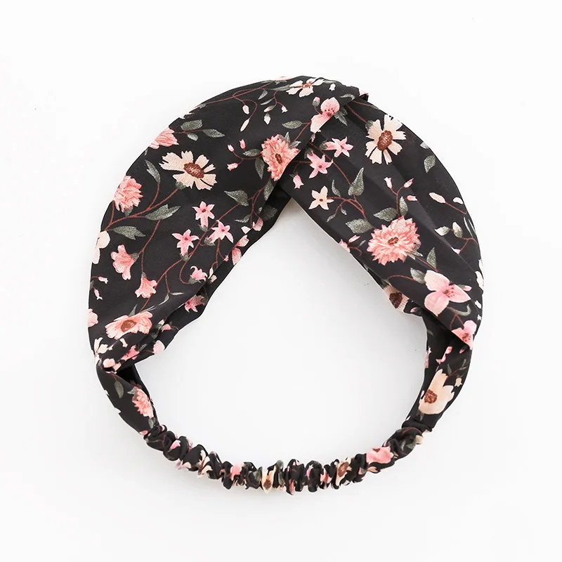 

New Women Print Holly flower Headbands Fashion Cross Hair Bands Vintage Turban Chiffon Hair Accessories FD068