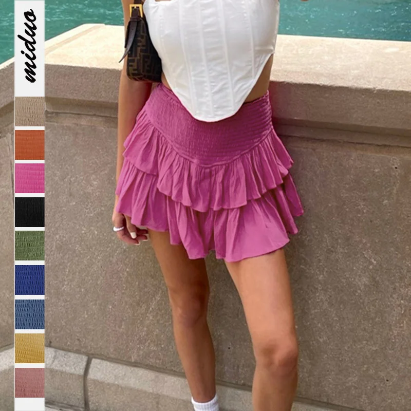 Women's Solid Shirred High Waist Pleated Tennis Skirts Layered Ruffle Hem Flared Mini Skirt Athletic Workout Golf Skorts Skirts