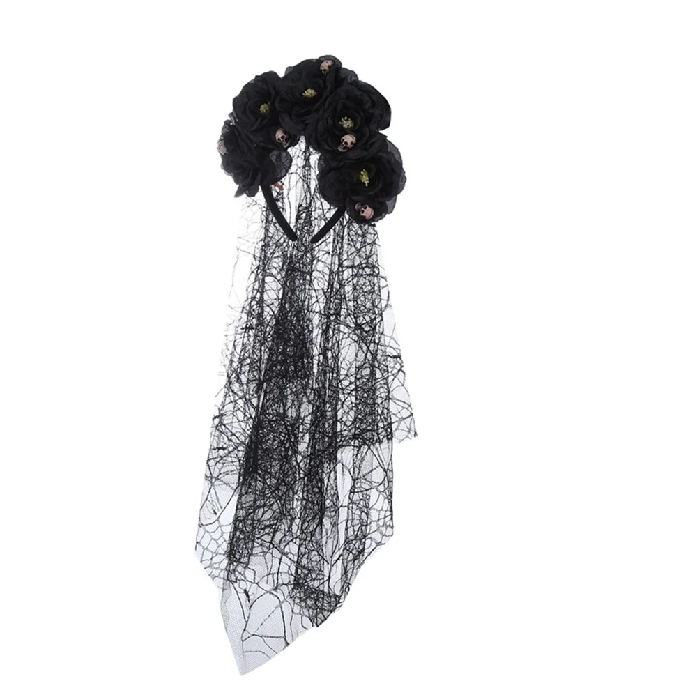 

1pcs Halloween Party Hair Bands Flower Crowns Goth Skull Headwear With Veils Cosplay Costume Dress Up Props Hair Accessories