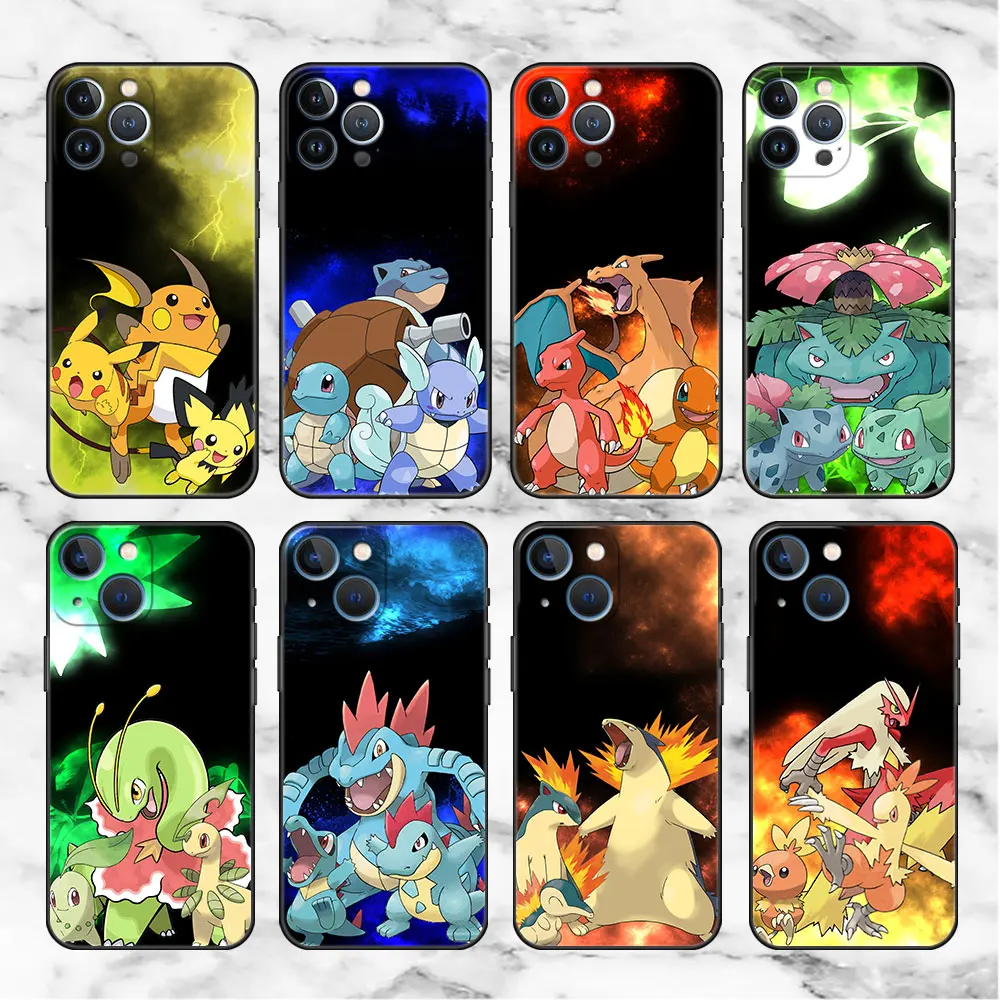 

Case For Apple iPhone 11 13 14 12 Pro 7 Plus XR X XS Max 6 6S 13Pro Max Black Silicone Phone Funda Pokemon Cute Pikachu