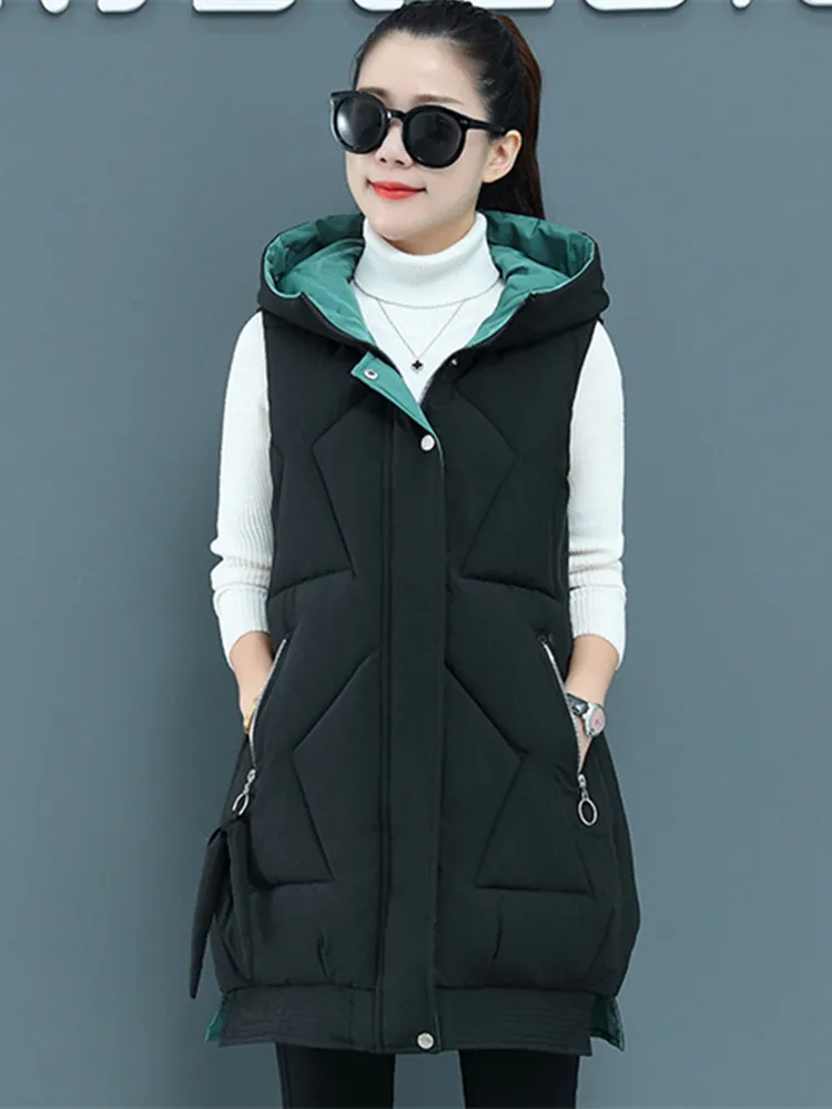 Новый пуховый жилет с хлопковой подкладкой женский средней длины на осень и зиму