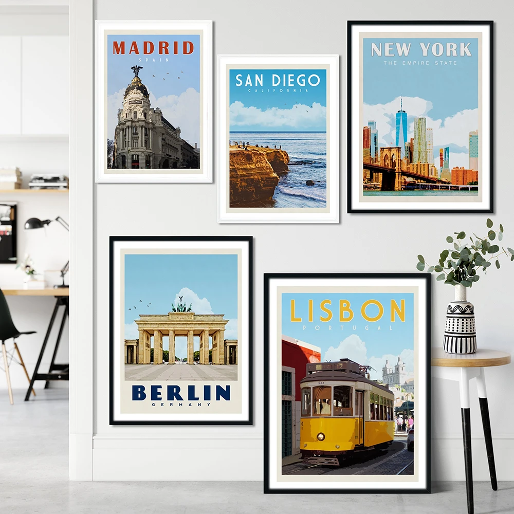

Nordic New York Lisbon Miami Berlin Madrid City Travel Poster Wall Art Canvas Painting Hd Prints Pictures For Living Room Decor