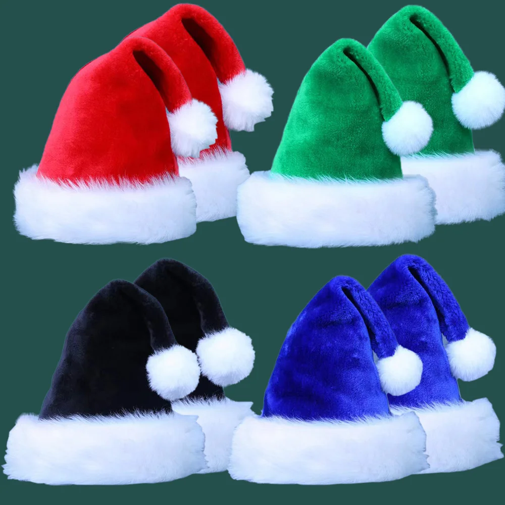 

4 options Santa Hats for Adults Child with Plush Brim Christmas Stocking Stuffer New Year Party Supplies Red Black Green Blue