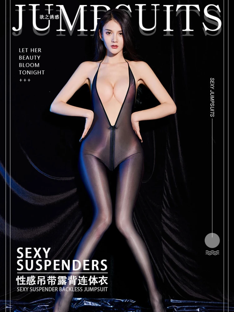 

Sexy Suspender Backless Jumpsuit Zipper Open Crotch Sexy Lingerie Woman Oil Shiny One-piece Body Stockings Gloosy Smooth Leotard