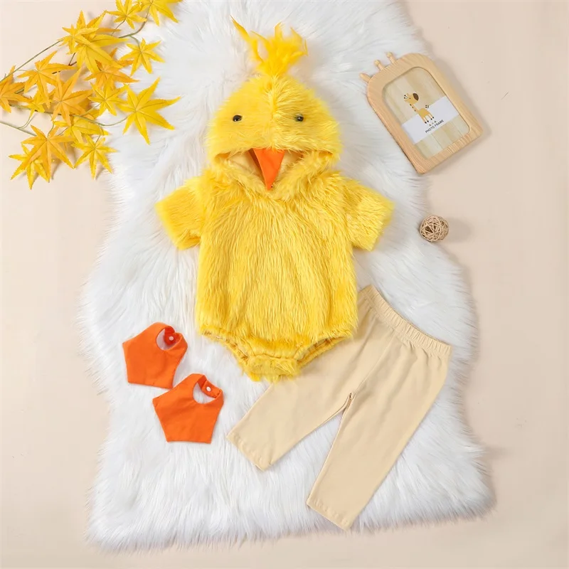 

Baby Girls Boys Fall Outfits Yellow Duck Fur Hooded Hoodies Rompers Long Pants Flippers 3Pcs Photography Props Clothes Set