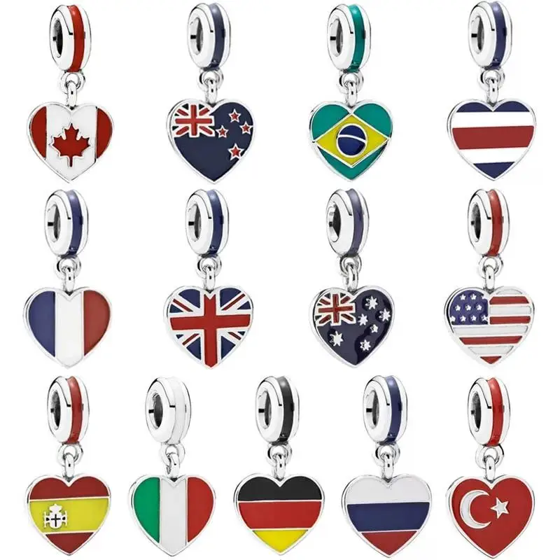 

Memnon Jewelry 925 Sterling Silver Hearts Charms Heart-shaped Flag pendant Charm Beads Fit Bracelets Necklaces DIY For Women