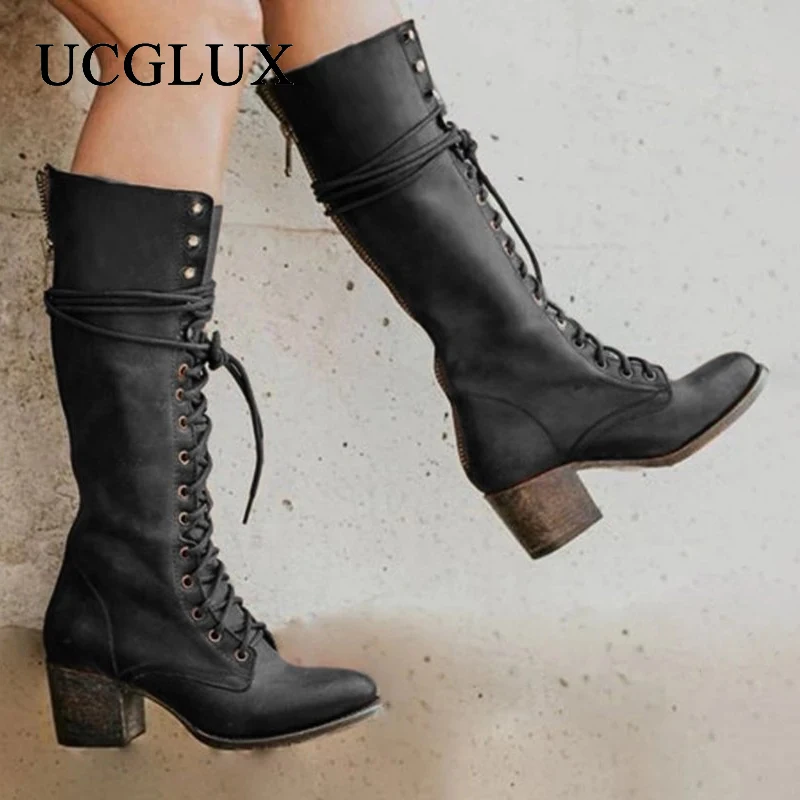 

Vintage Leather Cowboy Boots Ladies Low Heel High Boots 2022 New Lace Up Pointed Toe Women's Boots Botas Altas Plataforma Mujer