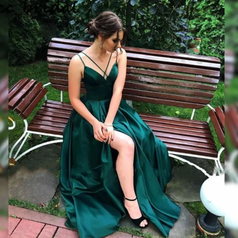

Green Sexy Backless Evening Dresses Side Slit for Women Satin Formal Prom Dress Vestidos de noche Custom Made