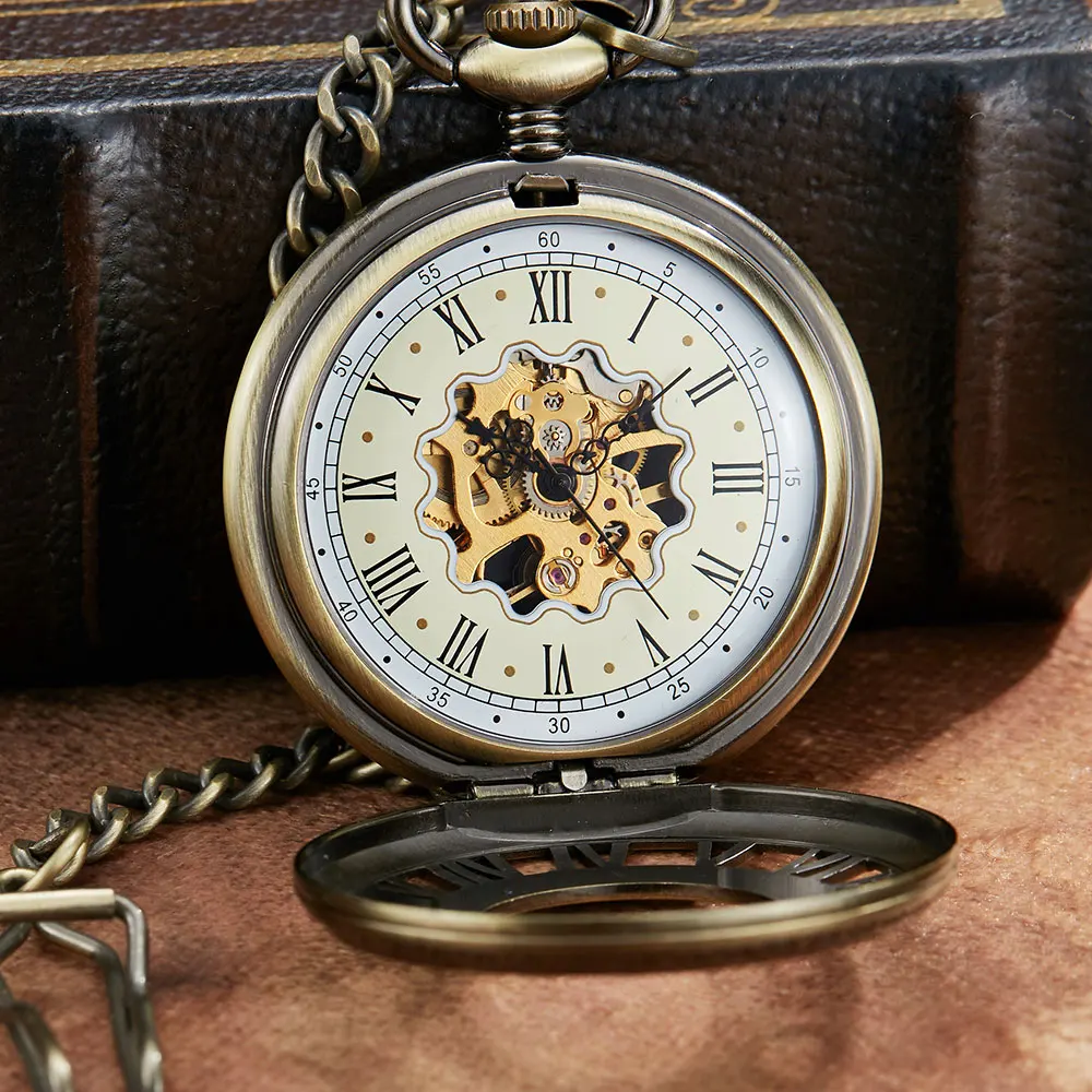 Silver Mechanical Pocket Watch With Chain Vintage Roman Numerals Hollow Sculpture Hand Wind Mechanical Pocket Watches Men