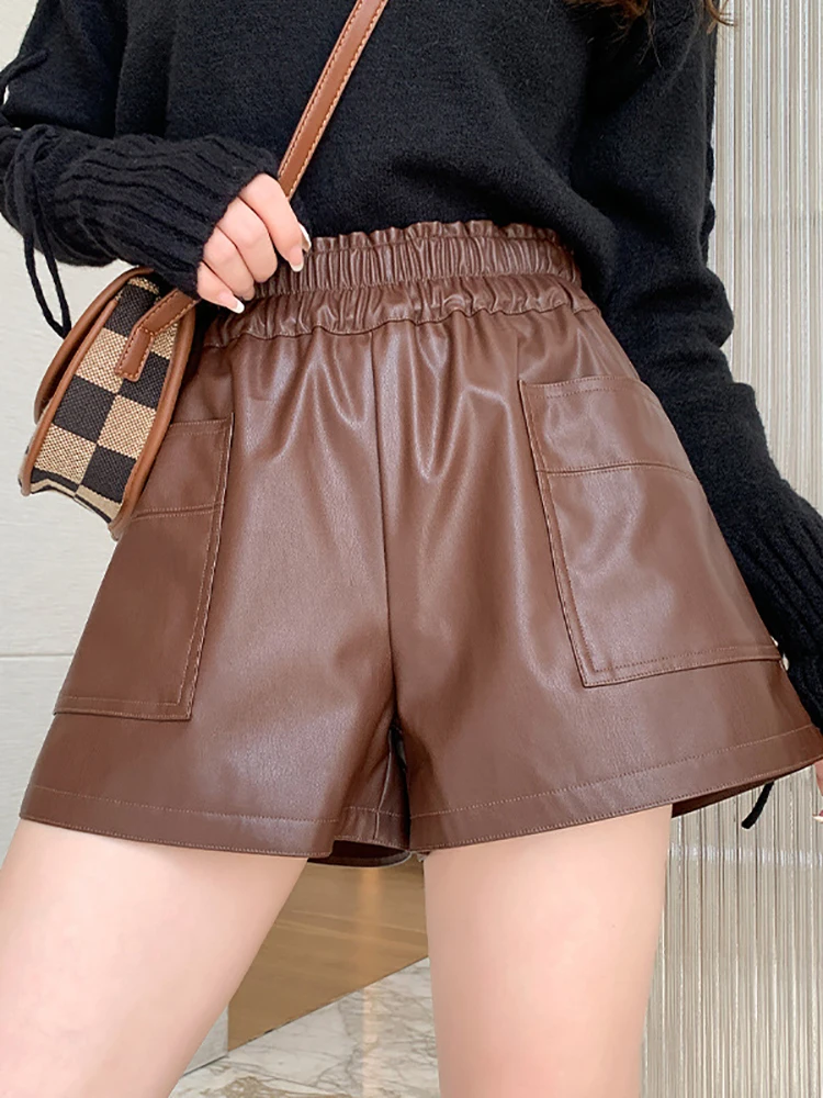 3 Color Casual A-Line PU Leather Shorts Women Pu Leather Shorts With Pockets Spring Loose Wide Leg High Waist Shorts