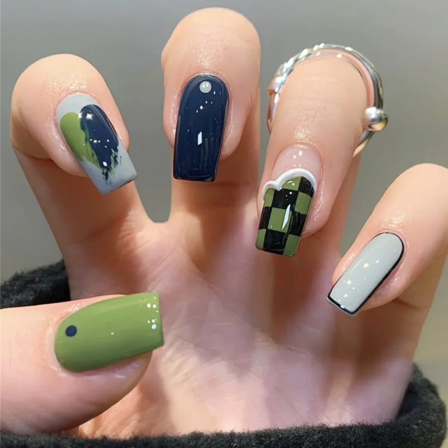 

24 Pieces of Green Multi Style Blue Green Checkerboard False Nail Color Green Finished Detachable and Wearable Nail Patches