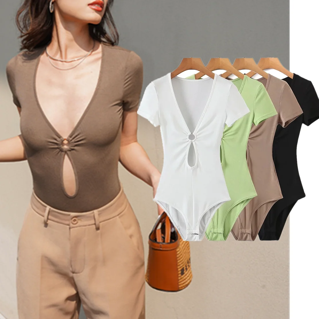 

Dave&Di Ins Fashion Blogger French Style Vintage V-neck Sexy Hollow Out Ring Buckle Summer Bodysuits Women Knitted Tops