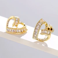 korea simple heart shaped ear studs earrings 925 silver needle fashion jewelry for women romantic cubic zirconia champagne gold
