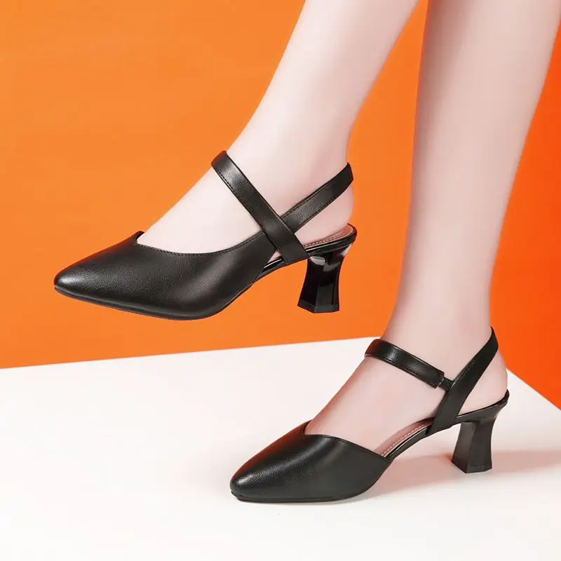 

5cm Comfortable Pointed Toe Slingback Med Block Heels Sandals 2023 Summer Fall Soft Leather Shoes Women for Office Mom Work