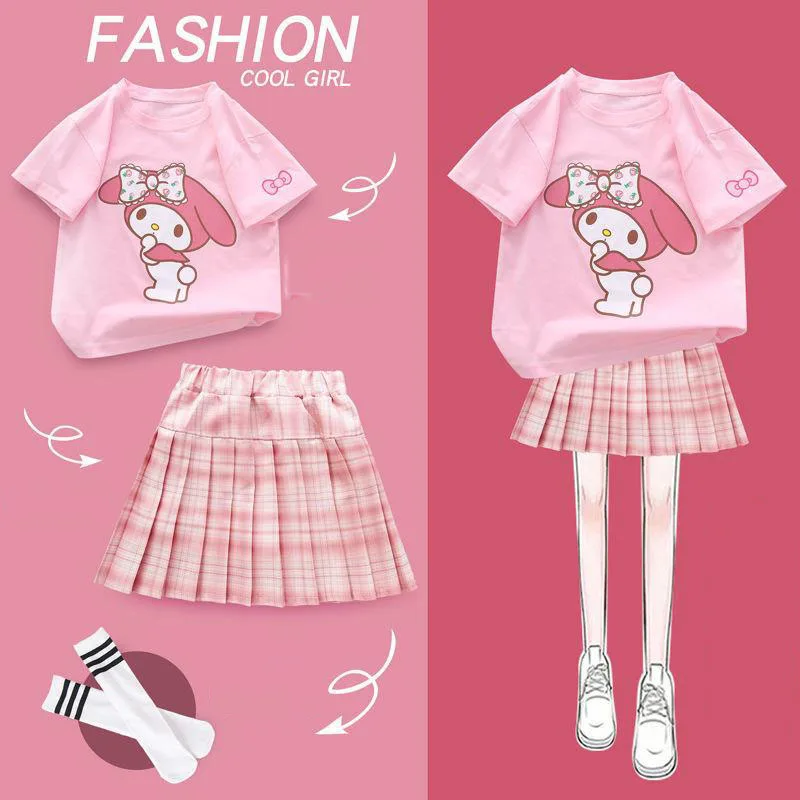 

Anime Sanrioes My Melody Girls' Dress Summer Cartoon Children's Pleated Skirt Jk Suit Kawaii College Style Mini Skirts Gifts