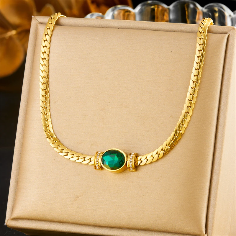 MEYRROYU ожерелье из нержавеющей стали 316L в стиле ретро с зеленым эллипсом и