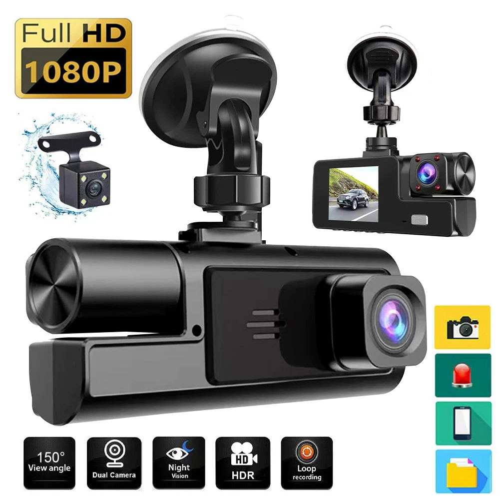 

1080P Car Dash Cam 3 Cameras Front Cabin and Rear Driving Recorder DVR Cam with Loop Recording 24H Parking Monitoring G-Sensor